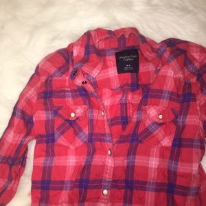 Red button up with blue lined squares